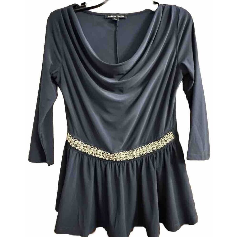 Boston Proper Blouse XS Navy Blue Peplum Top Rhinestones Travel Slinky Luxury